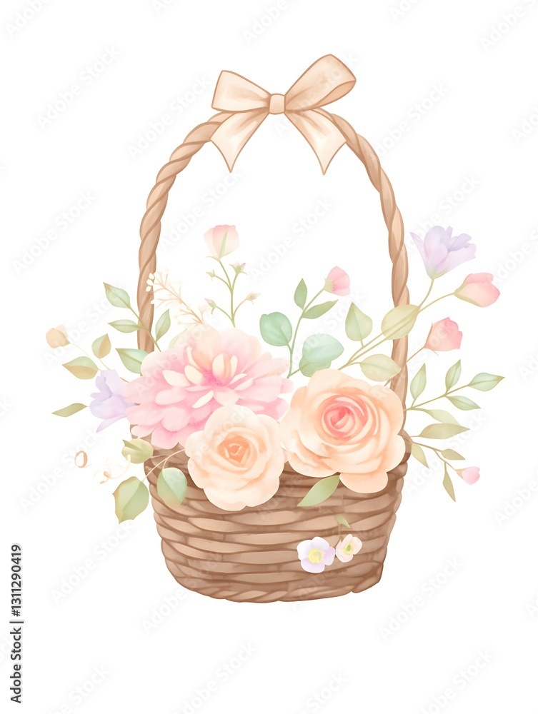 Obraz premium Decorative wicker basket with colorful roses and chrysanthemums tied with hemp ribbon, Generative AI
