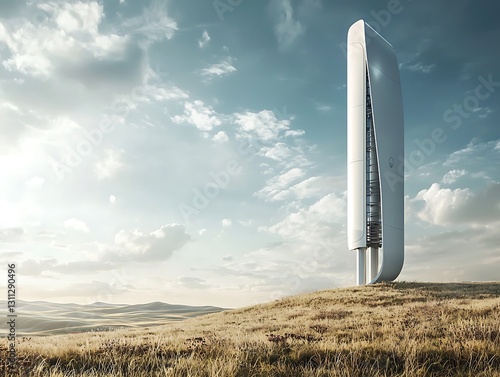 A modern wind turbine generating clean energy in an open field under bright skies