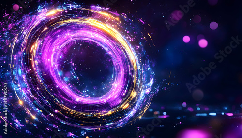 Glowing circular portal swirling, dispersing cosmic particles on dark bokeh backdrop