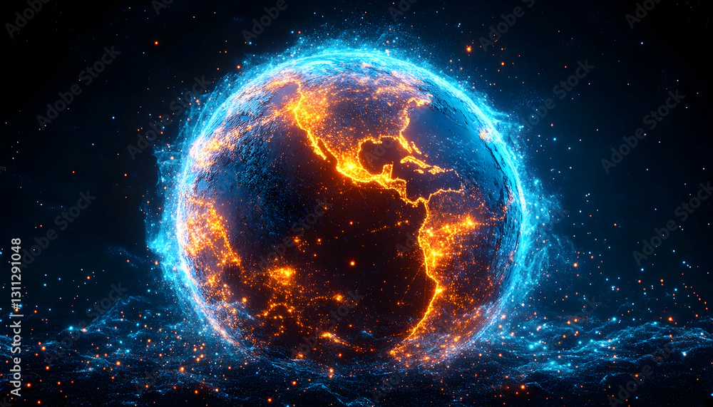 Obraz premium Glowing Earth; cities lit up in space, cosmic energy background, sphere shape