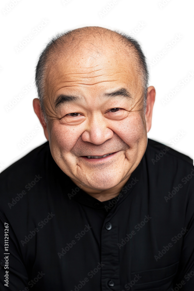 Smiling elderly Asian man portrait on white background, happy senior lifestyle, cheerful retired person, emotional expression, positive attitude, joy, wellness.