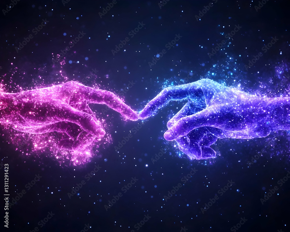 Glowing Hands Touching in Sparkly Cosmic Digital Space with Dark Background Glowing Hands Touching in Sparkly Cosmic Digital Space with Dark Background