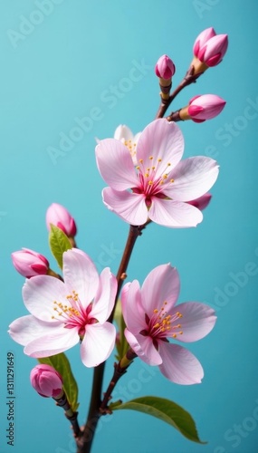 Delicate pink & white blossoms, vibrant blue backdrop Springtime floral arrangement , cheerful, spring, fresh