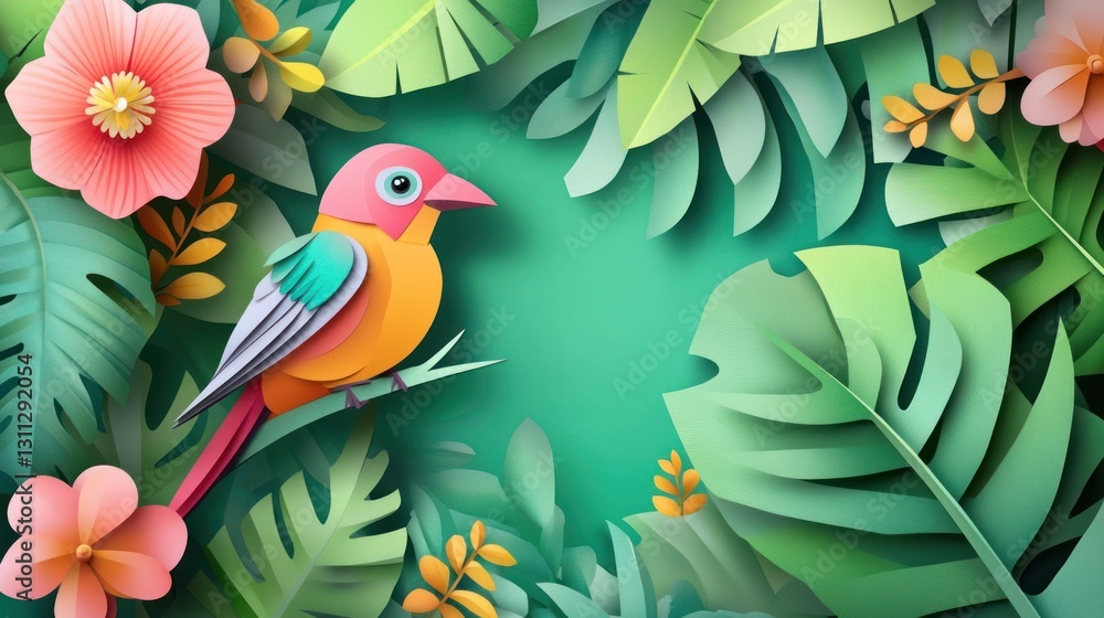 Fototapeta premium Colorful paper art bird perched on branch amidst vibrant tropical leaves and flowers, creating a lively, summery scene.