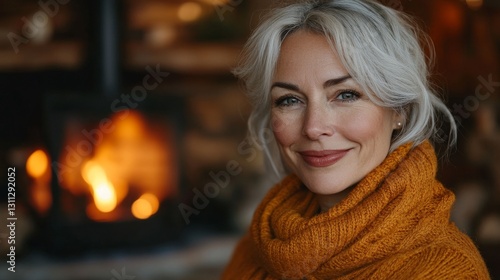 Wallpaper Mural Portrait of beautiful 55 years old woman in orange sweater at home in the background hearth, cozy, comfort, lifestyle Torontodigital.ca