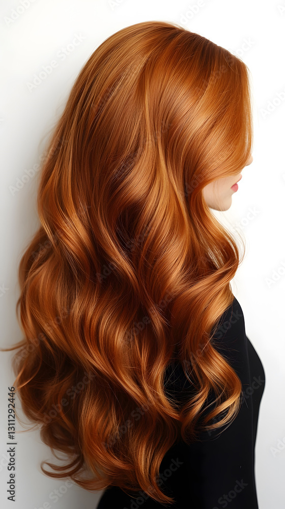 Fototapeta premium Lovely cascade of long, vibrant red hair styled with smooth waves reflecting natural light in an indoor setting