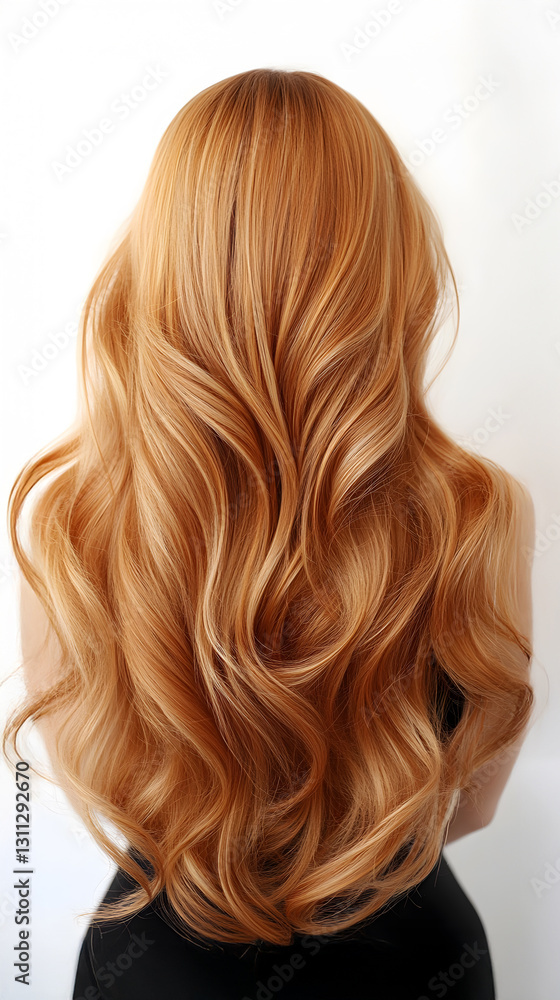 Naklejka premium Beautiful long wavy hair with a rich golden hue from a rear perspective against a neutral background
