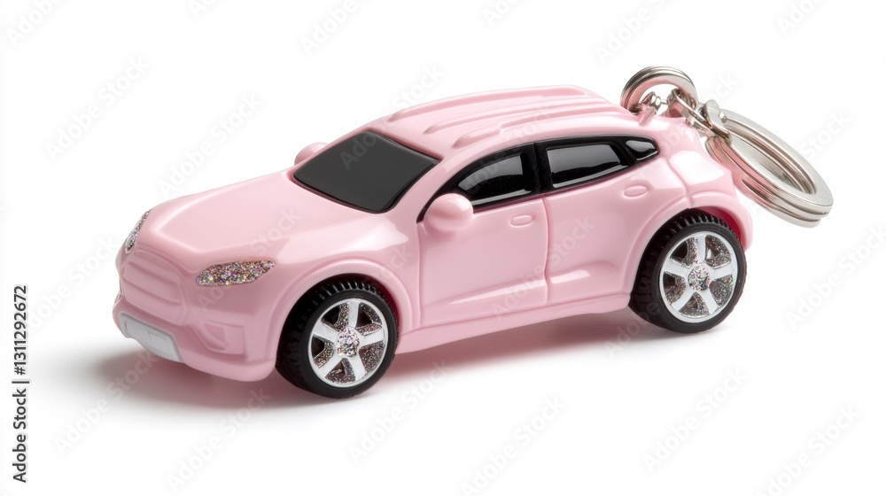 Fototapeta premium Pink Car Keychain with Glittering Details and White Background. Generative AI