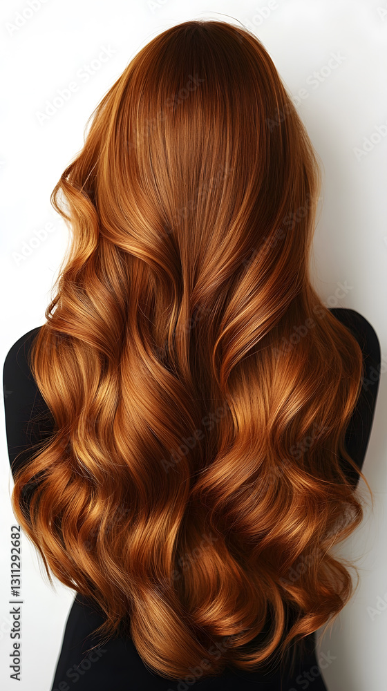 Fototapeta premium Long flowing auburn hair styled in loose waves against a plain background showcasing natural shine and texture in a modern aesthetic
