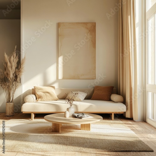 Bright room with a large window, a warm modern interior in light brown shades