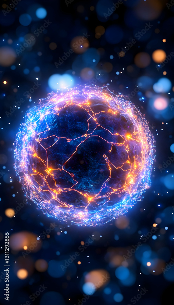 Obraz premium Glowing sphere radiates, interconnected web in space with bokeh lights background