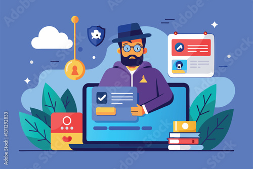 A character showcases a phishing account setup on a laptop in a digital environment filled with icons, Phishing account Customizable Semi Flat Illustration