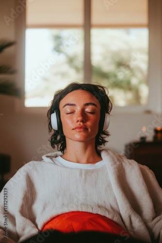 Calm atmosphere with person enjoying music, eyes closed, relaxed