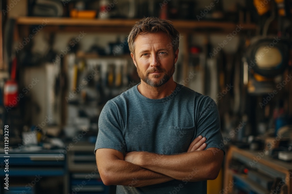 authentic portrait of 45 years old man in t-shirt against garage with tools authentic portrait of 45 years old man in t-shirt against garage with tools