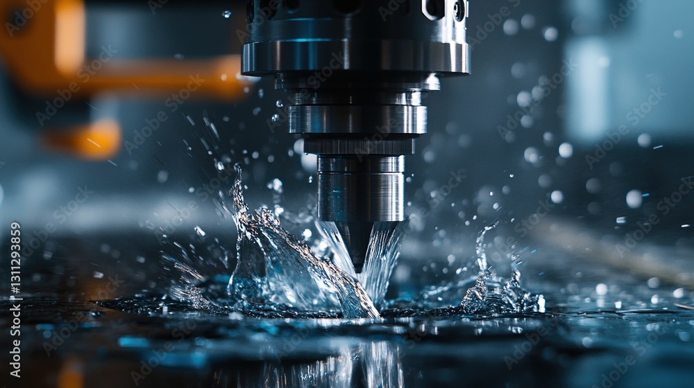 Close-up of CNC machining with water coolant splashing. Close-up of CNC machining with water coolant splashing.