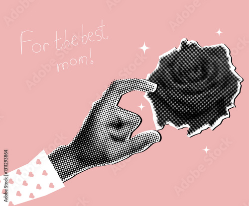 Human hand bring rose in halftone style on pastel pink,collage for celebration mothers day