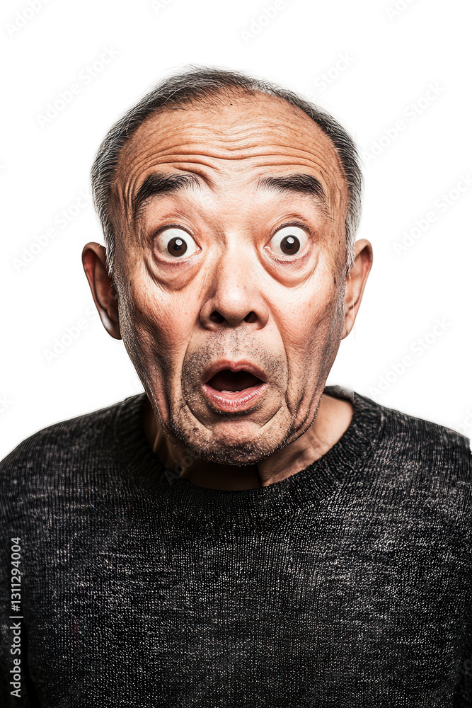 Surprised elderly man with wide eyes and open mouth expressing shock and disbelief isolated on white background concept of emotions and reactions. Surprised elderly man with wide eyes and open mouth expressing shock and disbelief isolated on white background concept of emotions and reactions.
