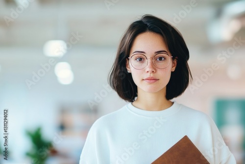 Young woman with glasses, holding notebook, exuding confidence i