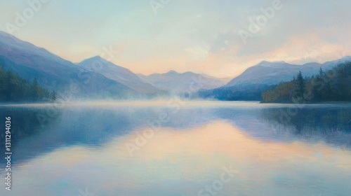 Serene dawn mist over a calm lake reflecting mountains.