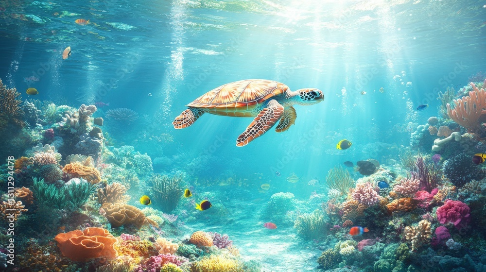 Fototapeta premium Scenic view of a coral reef with tropical fish and a sea turtle swimming in clear turquoise water, vibrant underwater scene, natural daylight