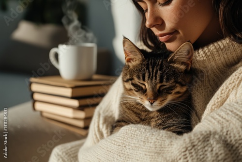 Warm embrace of cozy sweater, content cat resting, steaming cup