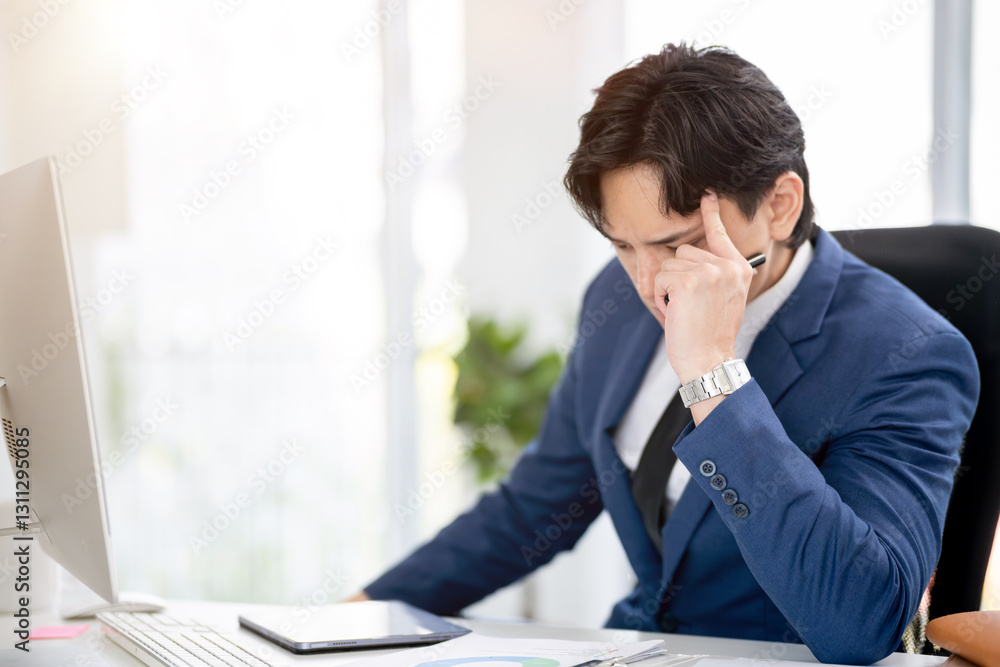 A businessman is sitting in his office stressed out with work problems. A businessman is sitting in his office stressed out with work problems.