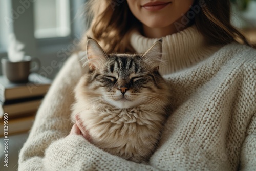 Cozy indoor scene featuring woman holding fluffy cat, exuding wa