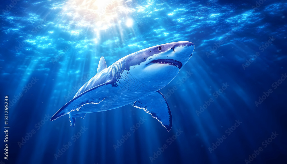Fototapeta premium Great White Shark swims in ocean with sun rays beaming through the blue water