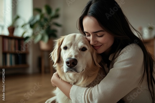 Warm embrace between woman and golden retriever in cozy indoor s
