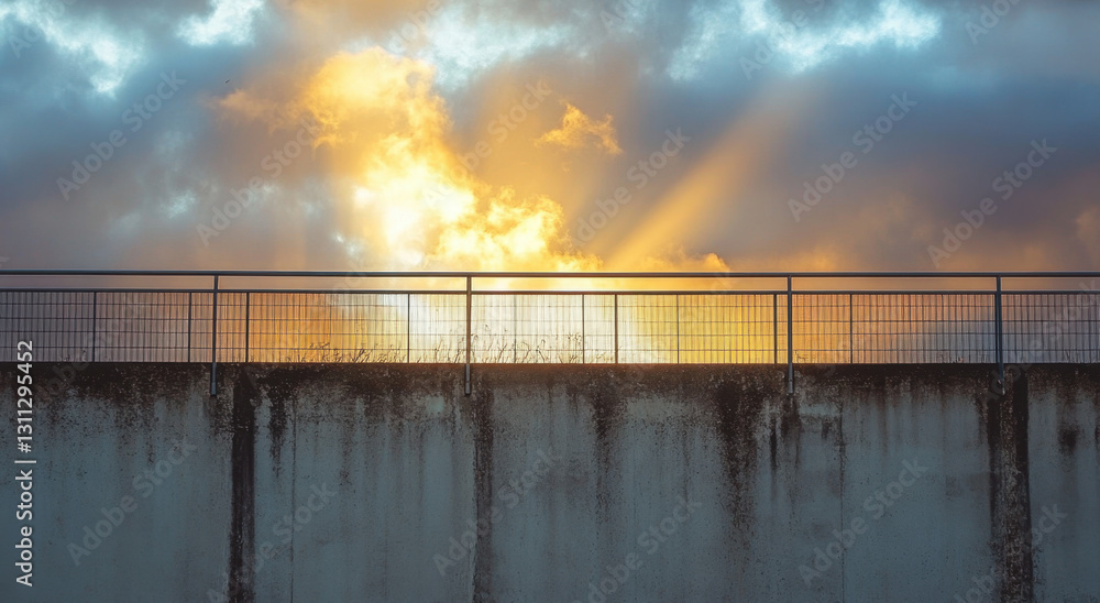 Fototapeta premium Rays of sunlight extend from the horizon, breaking through clouds above a weathered concrete wall, creating a magical atmosphere during dusk. The natural beauty is captivating