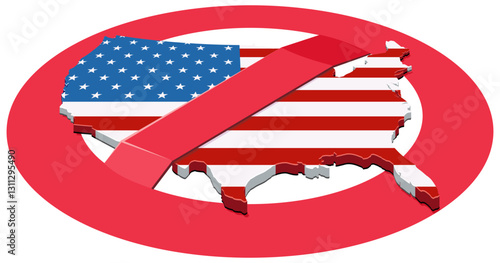 3D map of the United States in the colors of the American flag with a circular red strikethrough prohibition symbol (cut out)	