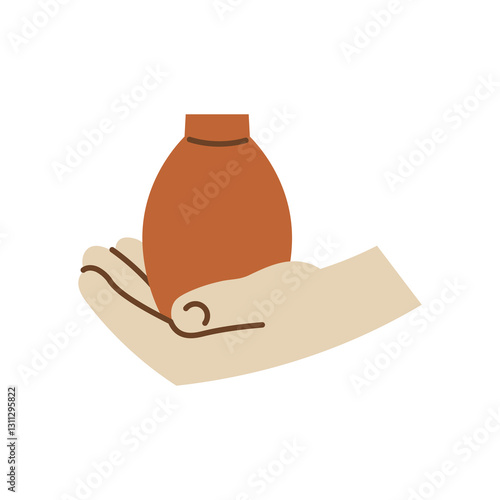 Hand Holding Clay Vase. Pottery icon. Gesture with earthenware element. Craftsperson emblem. Handicraft symbol. Vector illustration in flat style