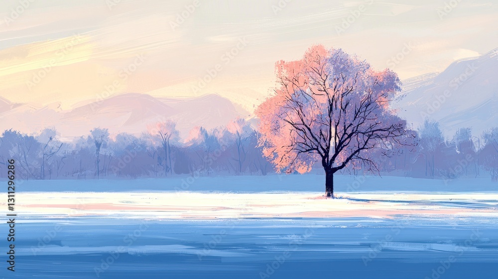 Naklejka premium Solitary frost-covered tree in snowy field at sunrise, mountain backdrop.