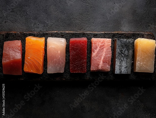 Assorted cured fish fillets with diverse textures and colors on a dark stone slab.