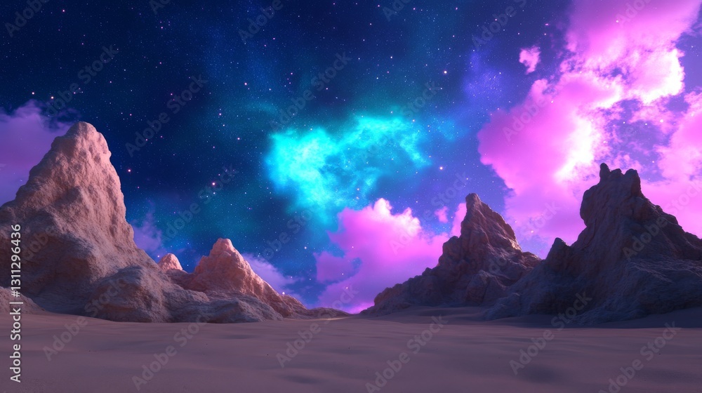 Obraz premium Alien landscape at night under vibrant aurora