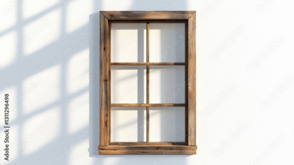 Rustic wooden window frame on white wall with sunlight. Rustic wooden window frame on white wall with sunlight.
