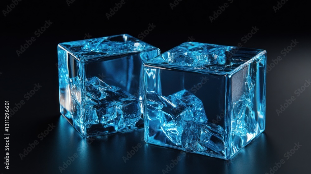 Two translucent blue ice cubes on dark background. Two translucent blue ice cubes on dark background.