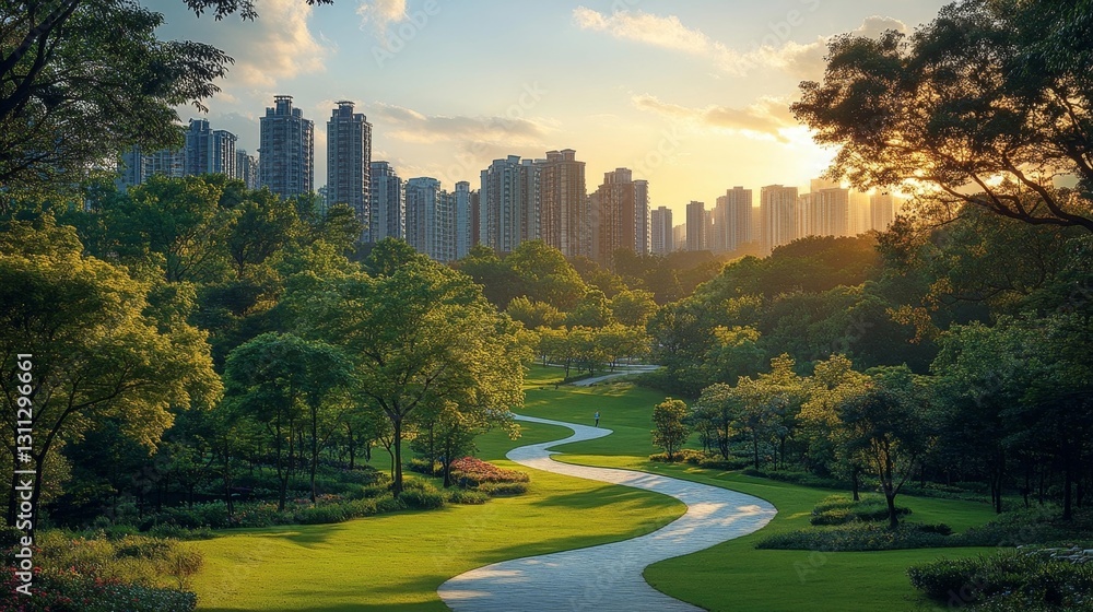 Urban Park with a Green Pathway and City Skyline at Sunset. Generative AI Urban Park with a Green Pathway and City Skyline at Sunset. Generative AI
