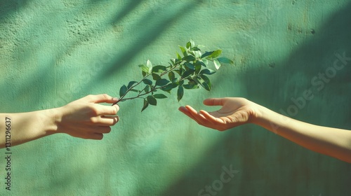 Hands passing a small sapling to another person, symbolizing sustainability and care, bright green background with soft shadows,