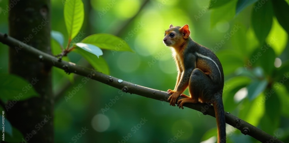 Fototapeta premium Ecuadorian squirrel monkey perched on a jungle vine, alert and watchful, vine, primate
