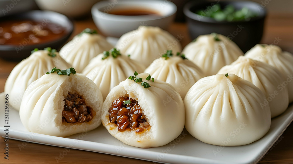 Steamed pork buns with savory filling. Soft, fluffy bao buns filled with tender, caramelized pork, garnished with fresh green onions. Served on a white plate with dipping sauces in the background. Steamed pork buns with savory filling. Soft, fluffy bao buns filled with tender, caramelized pork, garnished with fresh green onions. Served on a white plate with dipping sauces in the background.