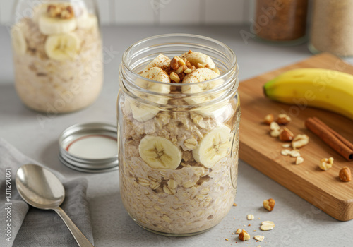Delicious overnight oats with fresh bananas and chopped nuts in a glass mason jar.