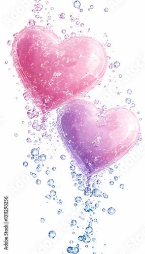 Hearts floating in bubbly water. Love, romance concept against white backdrop