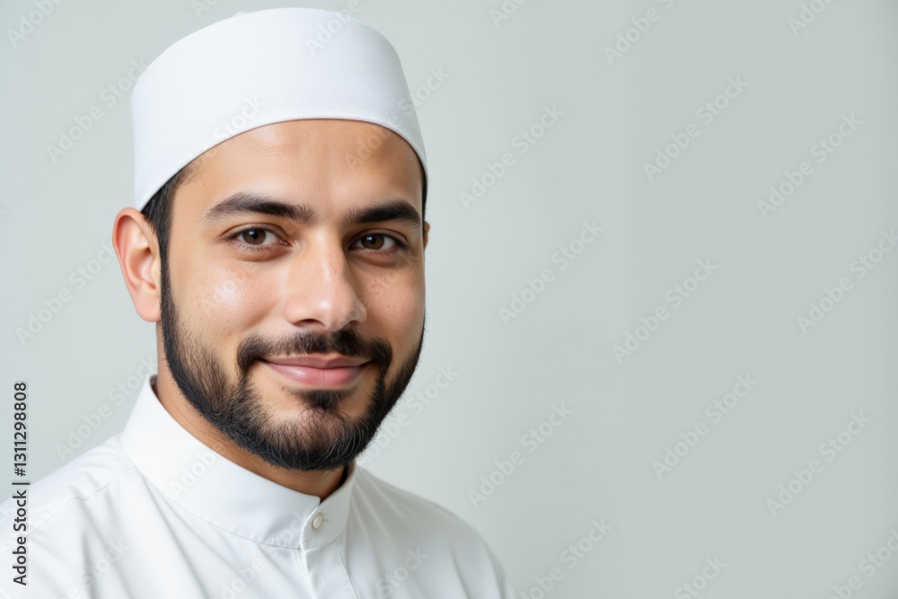 Portrait of a Young Middle-Eastern Muslim Man in Traditional Attire with a White Cap and a Warm Smile Against a Neutral Background Portrait of a Young Middle-Eastern Muslim Man in Traditional Attire with a White Cap and a Warm Smile Against a Neutral Background