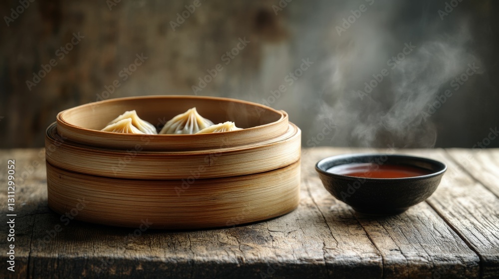 Traditional Chinese dumplings served in a bamboo steamer with dipping sauce, placed on a rustic table, vibrant presentation, soft studio lighting