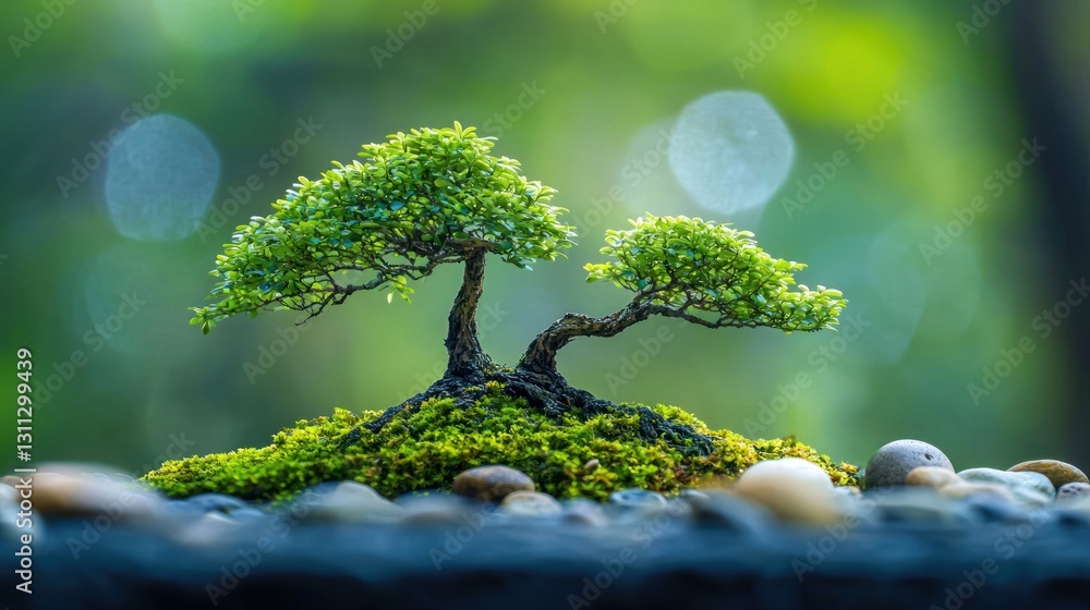 Two miniature trees on mossy rocks. Two miniature trees on mossy rocks.