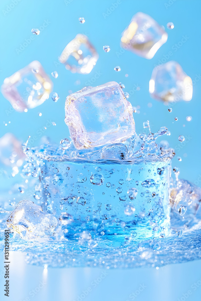 Ice cubes falling into water glass, splashing on bright blue background Ice cubes falling into water glass, splashing on bright blue background
