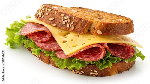 Delicious salami sandwich with cheese, lettuce, and seeded bread, isolated on a transparent background.
