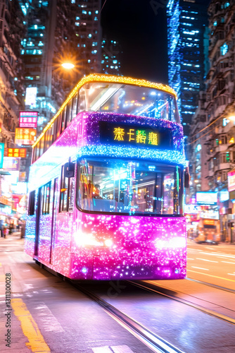Wallpaper Mural Illuminated double-decker tram moves at night on city street with buildings Torontodigital.ca