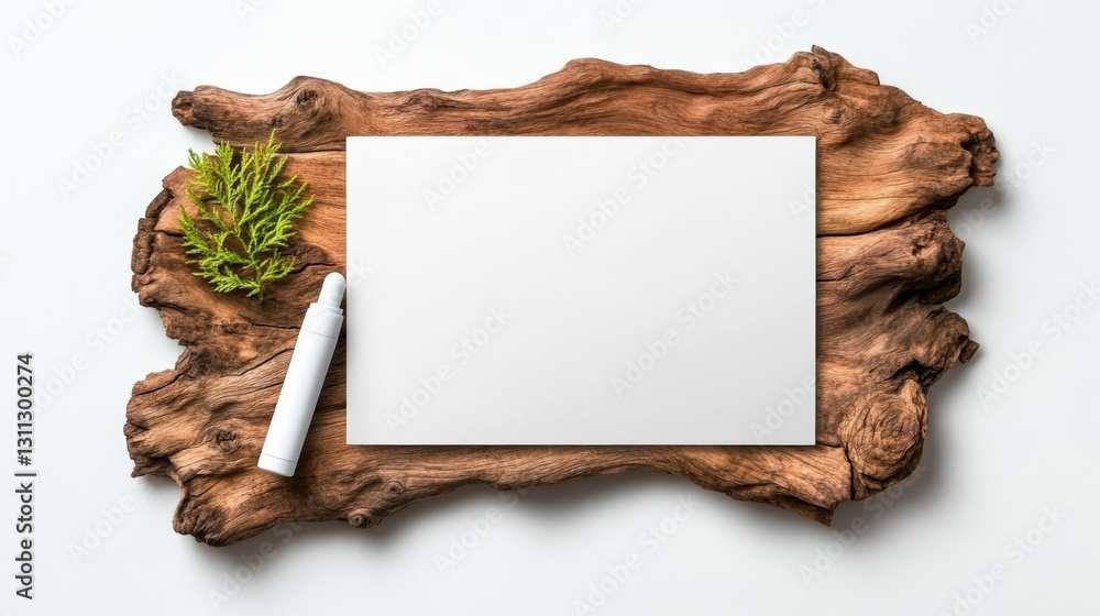 Fototapeta A Clean Whiteboard Marker with a Blank Sheet of Paper and Greenery on Wooden Base. Generative AI